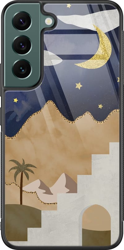 Hoesje geschikt voor Samsung Galaxy S22 - Woestijn - Luxe Glazen Hardcase - Natuur - Multi