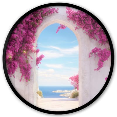 Poster in lijst Rond - Fotolijst 40x40 cm - Posters - Zee - Roze - Bloemen - Poort - Ronde posterlijst zwart - Decoratie - Wanddecoratie woonkamer - Muurdecoratie slaapkamer