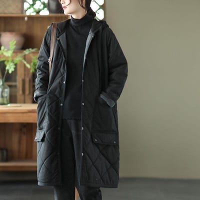 Grande Veste d'Hiver en Coton à Capuche Ling Ge pour Femmes Style Ample et Décontracté Longueur Moyenne à Longue 4XL noir
