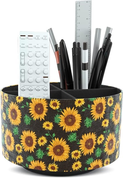 Ronde Leren Organizer voor Kunstbenodigdheden, Afstandsbedieninghouder, 360 Graden Rotatie, Multifunctionele Potloodhouder met 4 Compartimenten voor Bureauaccessoires