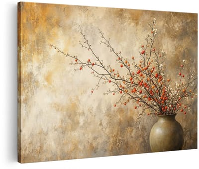 Artaza Canvas Schilderij Keramische Vaas Met Bloesemtakken - Stilleven Bloemen - 30x20 cm - Klein - Wanddecoratie Woonkamer - Schilderijen - Muurdecoratie