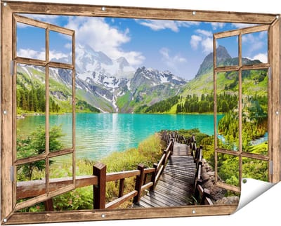 Gards Tuinposter Doorkijk Pad naar een Helder Blauw Meer in de Bergen - 150x100 cm - Tuindoek - Tuindecoratie - Wanddecoratie buiten - Tuinschilderij