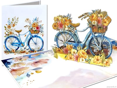 Popcards pop-up kaart - Wonderschone pop-up kaart pastelblauwe fiets met bloemen bloemenfiets lente zomer vrolijk 3D kaart wenskaart