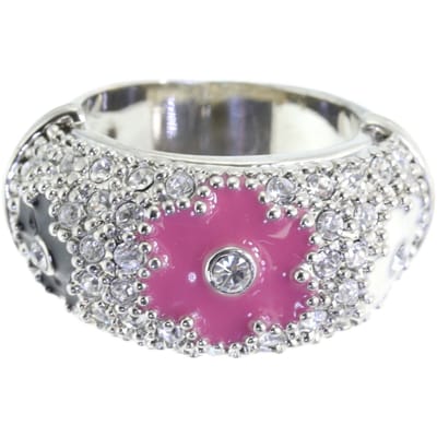 Behave - Ring - Zilverkleurige statement ring met fuchsia, witte en zwarte bloemen en kristallen – Maximalisme & expressieve mode