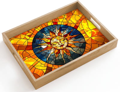 Dienblad hout 40x30 cm - Schootdienblad - Mozaïek - Zon - Geel - Cirkel - Borrelplank rechthoek - Plateau dienbladen
