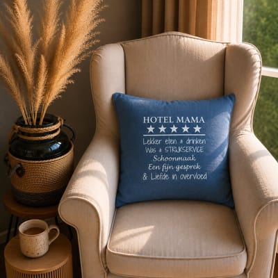 Kussen Kussenhoes Met Tekst Bedrukt Cadeau Tekstbord Plekje | Hotel Mama | Blauw Met Goud | 50x50 Cm | Moederdag Verjaardag Oma Vrouw