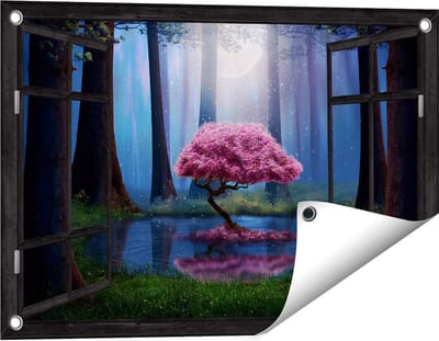 Gards Tuinposter Doorkijk Roze Boom op een Vijver in de Nacht - 60x40 cm - Tuindoek - Tuindecoratie - Wanddecoratie buiten - Tuinschilderij