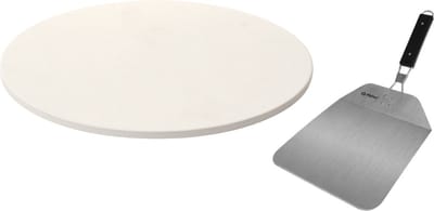 BBQ/oven pizzasteen rond keramiek 33 cm met handvaten incl. pizzasnijder - Met inklapbare RVS pizzaschep 25 cm - Pizza stone