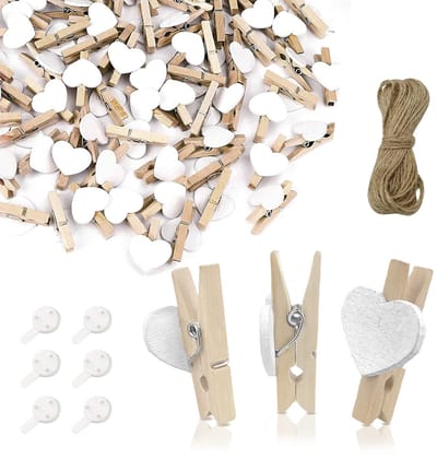 Houten klemmen, natuurlijk houten wasknijpers met 10 m jute koord, non-trace-hanghaak, decoratieve pennen voor bruiloftsfeest, fotohouder, kaartendecoratie en kunsthandwerk (50 stuks)