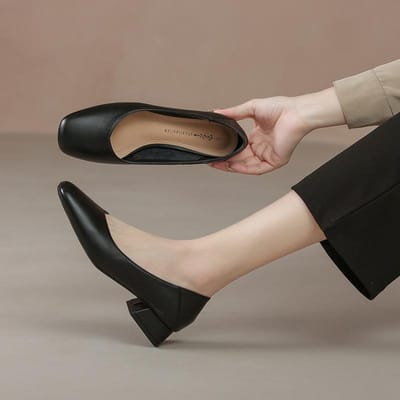 Eenvoudige damesschoenen met zachte vierkante neus van echt leer voor de herfst, werk en werkkleding, 3 cm hakken, Koreaanse stijl, dikke hakken, Mary Zhen schoenen 40 beige