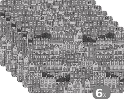 Placemat - Placemats kunststof - Huis - Patronen - Londen - 45x30 cm - 6 stuks - Hittebestendig - Anti-Slip - Onderlegger - Afneembaar