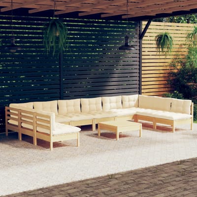 vidaXL - 11-delige - Loungeset - met - crèmekleurige - kussens - grenenhout