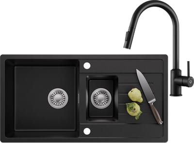 CECIPA MAX Granieten Keuken 86x45CM - Spoelbak Keuken 1.5 Met Keukenkraan - Spoelbakken Keuken Met Primaire en Tweede Bak - Wasbak Keuken - Incl. Sifon en Afvoerzeefje - Zwart