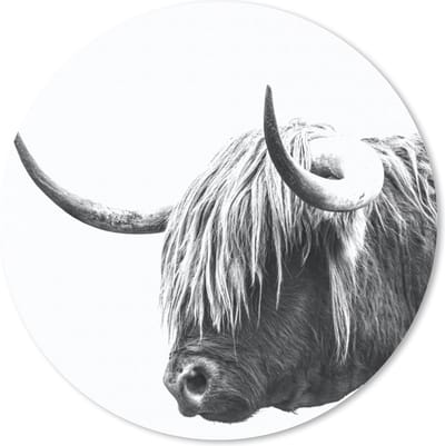 Muismat rond 20x20 cm - Mousepad Schotse hooglander - Hoorn - Zwart - Wit - Ronde muismatten