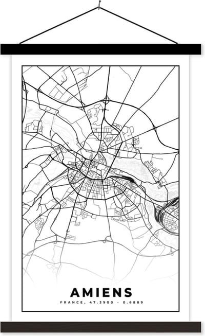 Posterhanger incl. Poster 40x60 cm - Schoolplaat - Plattegrond - Amiens - Kaart - Frankrijk - Stadskaart - Zwart wit - Textielposter - Zwarte latten - Stadskaart