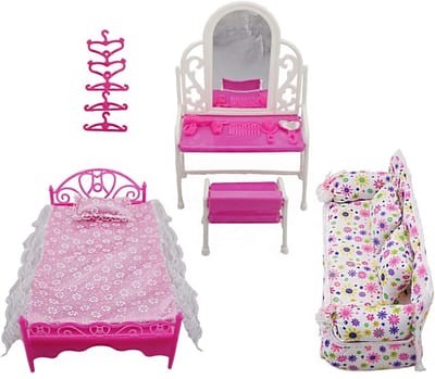 Meisjes Meubels Accessoires Set - 8 Stuks Dressoir, Bank en Bed Hangers voor Poppen, Roze, 32x22x8cm, 195g
