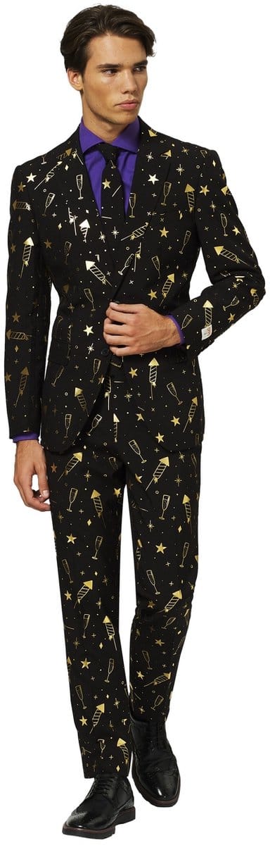 OppoSuits Fancy Fireworks - Mannen Kostuum Met Vuurwerk Print - Oud en Nieuw - Kerst - Zwart - Maat 54