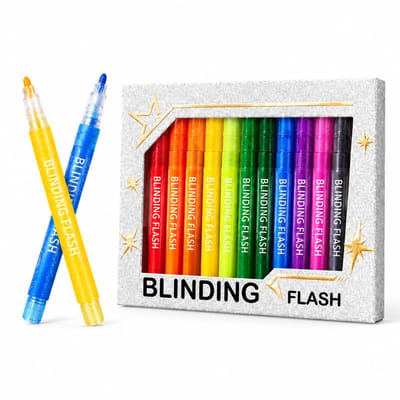 Glittermarkers met acrylinkt - 12 kleuren - Grove glitter - Ronde punt - Geschenkdoos