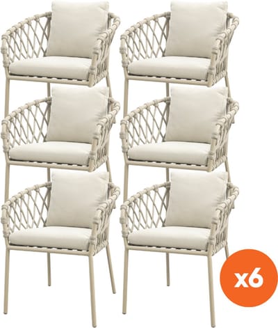 Set van 6 - Sara dining tuinstoelen - Rope/Latte