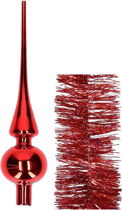 Kerstversiering glazen piek glans 26 cm en glitter folieslingers pakket rood van 3x stuks - Kerstboomversiering