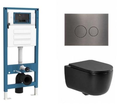 QeramiQ Dely Swirl Toiletset - inbouwreservoir Qeramiq Flush - slim zitting - metaal gunmetal bedieningsplaat - ronde knoppen - mat zwart