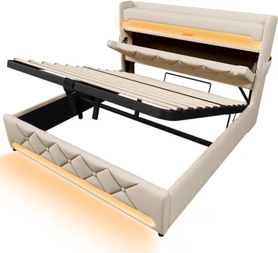 COVREO Bedframe 180x200 cm beige stof met opbergruimte zonder matras