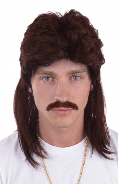 KIMU® Mullet Pruik Bruin Matje - New Kids 80's Rocker Redneck Eighties Festival