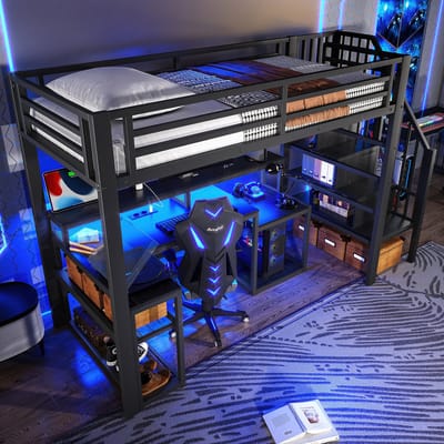 Hoogslaper 90 x 200 cm - met opbergvakken en bergruimte - met LED-verlichting - bureau - met USB-aansluiting - zonder matras - zwart