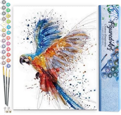 Figured'Art Schilderen op Nummer Volwassenen canvas Papegaai in volle vlucht - Handwerk acrylverf Kit DIY Compleet - 40x50cm zonder frame