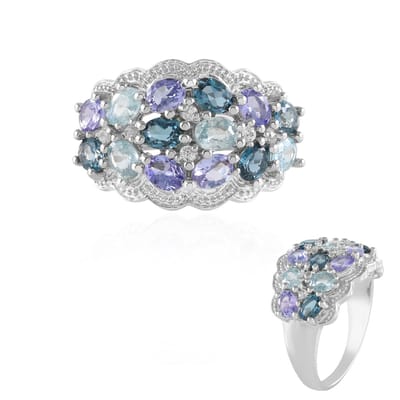 Cavill - Verstelbare Zilveren Ring - 925 Sterling Zilver Geplatineerd - Ratanakiri Zirkonen, Tanzaniet & Blauwe Topaas - 3,07 ct - Ovaal Halo Zetting
