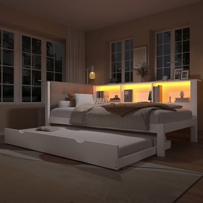 Slaapbank, Dagbed 90x200cm, Eenpersoonsbed (Zonder Matras), Met Uitschuifbaar Bed, Met Dimbare Ledstrip, Met Praktische Plank, Met USB-Poort, Grenenhout