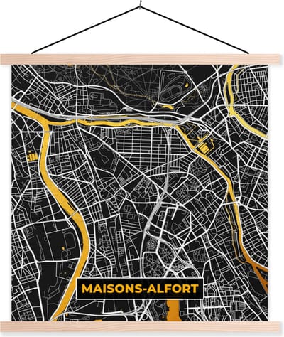 Posterhanger incl. Poster 40x40 cm - Schoolplaat - Kaart – Stadskaart – Maisons-Alfort - Plattegrond – Frankrijk - Textielposter - Blanke latten - Stadskaart