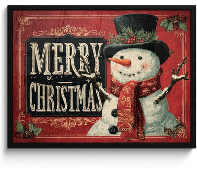 Poster in lijst - Fotolijst 80x60 cm - Posters - Klassiek - Kerstgroet - Sneeuwpop - Rood - Posterlijst zwart - Decoratie - Wanddecoratie woonkamer - Muurdecoratie slaapkamer - Kerstversiering - Kerstdecoratie voor binnen - Kerstmis