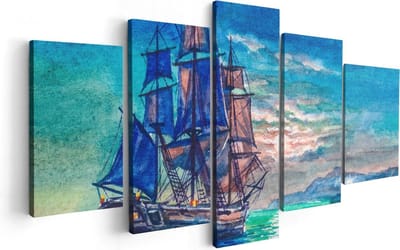 Artaza Canvas Schilderij Vijfluik Oude Piratenschip Zeilboot Getekend - 100x50 - Foto Op Canvas - Canvas Print