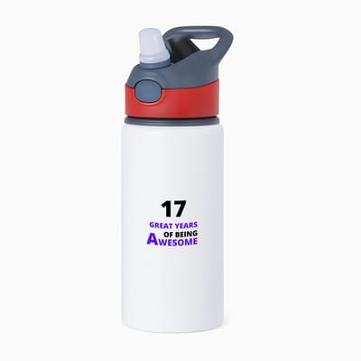 Hacebo® - 17 great years of being awesome waterfles met rietje rood - Hoera 17 jaar - iemand die 17 jaar is geworden - verjaardagscadeau - verjaardag - cadeau - kado - geschenk - gift - goeie jaren - water fles - 650ML