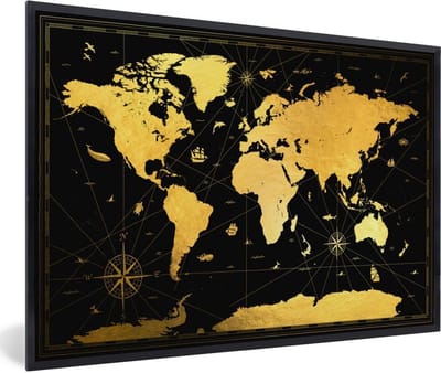 Poster in lijst - Fotolijst 60x40 cm - Posters - Wereldkaart - Goud - Zwart - Luxe - Posterlijst zwart - Decoratie - Wanddecoratie woonkamer - Muurdecoratie slaapkamer
