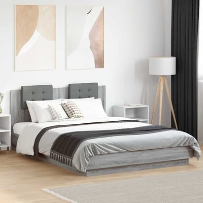 vidaXL - Bedframe - met - hoofdbord - en - LED - grijs - sonoma - eiken - 150x200 - cm