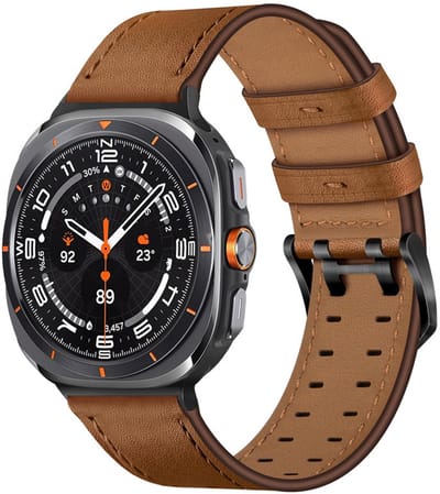 Leren bandje - geschikt voor Samsung Galaxy Watch 8 (40mm) / Galaxy Watch 8 (44mm) / Galaxy Watch 8 Classic - band van leer met dubbele rvs gesp - donkerbruin