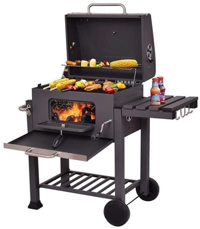 Norvia - Houtskool Barbecue - Houtskoolgrill - Met Deksel - Thermometer - Grilloppervlak 56 × 41,5 cm - Zijtafel - Aslade