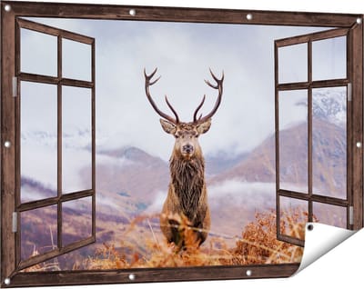 Gards Tuinposter Doorkijk Hert in de Bergen - 120x80 cm - Tuindoek - Tuindecoratie - Wanddecoratie buiten - Tuinschilderij
