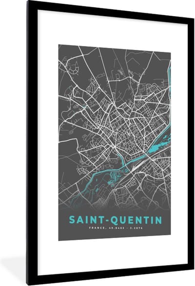Fotolijst incl. Poster - Plattegrond - Stadskaart - Kaart - Saint-Quentin - Frankrijk - 60x90 cm - Posterlijst
