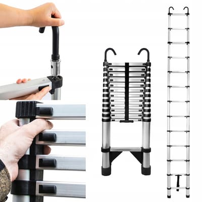 Baulich Telescopische ladder met haken - 13 treden - max 393 cm - staal - draagvermogen 125 kg - automatische vergrendeling - antislip voeten