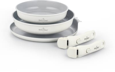 Swiss Haus® GCFP5LC Pannenset 5-delig – Koekenpannen & Pannenkoekenpan – Ø20/24/27 cm – 1.1L / 1.8L – PFAS Vrij – Inductie & Alle Warmtebronnen – Afneembare Handgreep – Stapelbaar – Creme