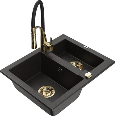 Mexen Carlos granieten 1,5-komorige spoelbak met keukenmengkraan Aster, zwart/goud metallic - 6518-75-73450-57-G