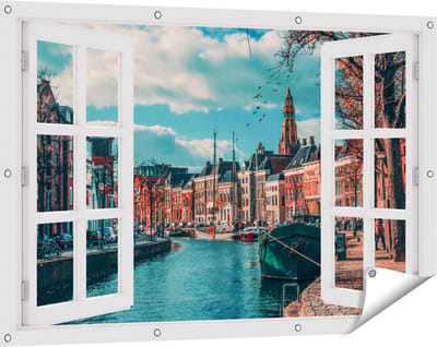 Gards Tuinposter Doorkijk Gracht in Groningen - 120x80 cm - Tuindoek - Tuindecoratie - Wanddecoratie buiten - Tuinschilderij