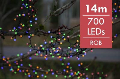 Kerstboomverlichting LED Multi Berry mini 14 meter -div lichtstanden -700 lampjes -Ook geschikt voor buiten  -lichtkleur: RGB -met stekker -Kerstdecoratie
