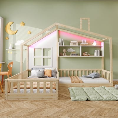 VVBV Kinderbed 90x200 cm - Opbergruimte, Planken, Lattenbodem, Huisdesign, Voor Kinderen/Tieners - Massief Hout Naturel