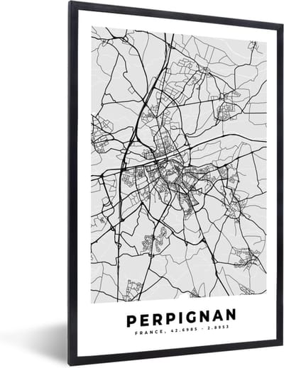 Fotolijst incl. Poster - Plattegrond - Perpignan - Stadskaart - Kaart - Frankrijk - 40x60 cm - Posterlijst