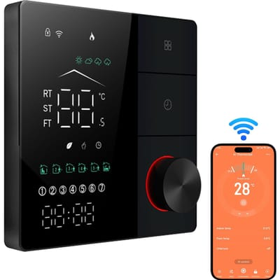 Slimme thermostaat voor elektrische vloerverwarming in huis WiFi-aircothermostaat met AI Smart Learning-app zwart