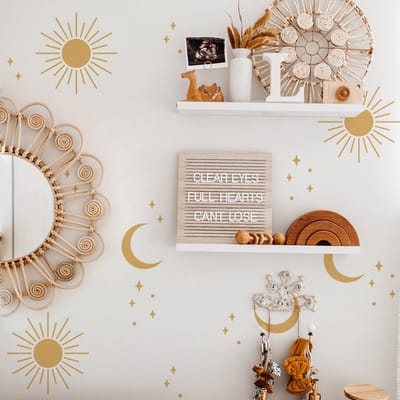 Dailygoods- Muursticker 60 stuks - Boho Wanddecoratie - Zon/Maan/Sterren - Kinderkamer/Babykamer - Zelfklevend - Hoogwaardig PVC